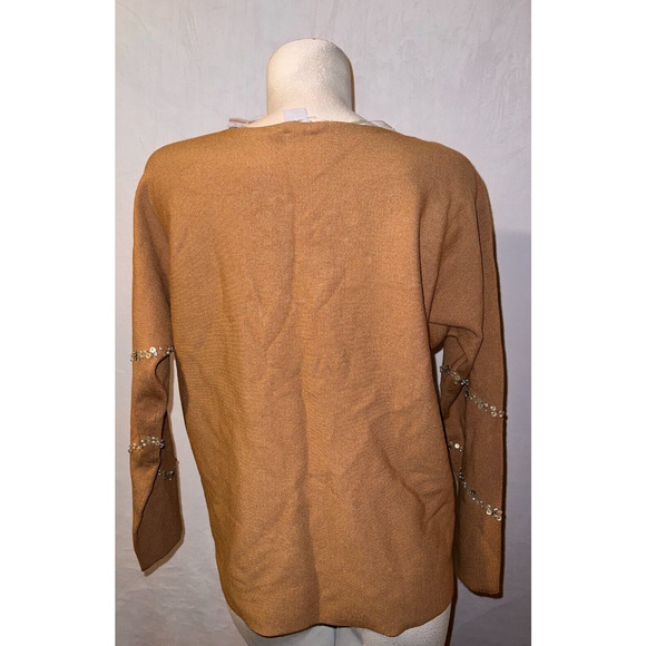 New CHICO'S Sweater Sz L (2) Camel Diagonal Beaded Embellished Pullover Knit Top - Picture 5 of 7